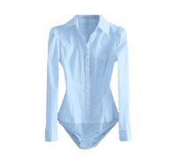 Vsadsau Body da donna a maniche lunghe camicia da ufficio tinta unita bottoni slim risvolto camicetta da lavoro top, Blu, XL