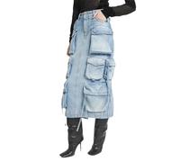 Vsadsau Gonne cargo da donna in denim diviso a vita alta tasche patchwork gonna midi con coulisse allentata, Blu, XL