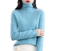 Vsadsau Maglione da Donna a Collo Alto in 100% Lana Merino, Autunno Inverno, a Maniche Lunghe, Pullover Slim, blu cielo, L