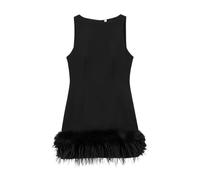 Vsadsau Mini abito da donna senza maniche con piuma, senza maniche, girocollo, casual, per feste, Nero , L