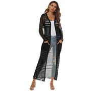 Vsadsau Plus Size Cardigan Abiti Delle Donne Solido Crochet Robe Estate Spiaggia Abito Abito Da Sundress Manica Lunga, Nero , M