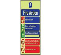 vsafety 12006 an-g Fire Action Sign, generale Fire Action/5 Messaggio rischi, Glow in the Dark, ritratto, Plastica, 1 mm 150 mm x 200 mm, Nero/Blu/Verde/Rosso