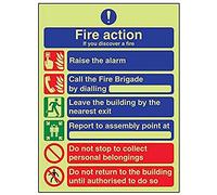 vsafety 12009 - an-g Fire Action Sign, generale Fire Action/6 Messaggio, Glow in the Dark, ritratto, Plastica, 1 mm 150 mm x 200 mm, Nero/Blu/Verde/Rosso