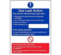 vsafety 12026 an-s Fire Action Sign, Gas Leak Action, autoadesivo, verticale, 150 mm x 200 mm, colore: blu/rosso
