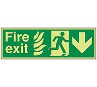 vsafety 14021bj-g "NHS uscita antincendio, freccia verso il basso" Glow In Dark, 1 mm, in plastica, paesaggio, 450 mm x 150 mm, colore: verde