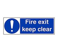 vsafety 18069bp-s obbligatoria Cartello ", Uscita antincendio Keep Clear", Autoadesivo, paesaggio, 600 mm x 200 mm, colore: blu
