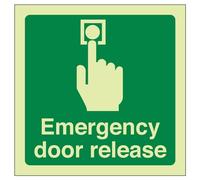 VSafety 22022AF-G, segnale con scritta in inglese "Emergency door release", fluorescente, plastica da 1 mm, quadrato, 100 mm x 100 mm, verde (lingua italiana non garantita)