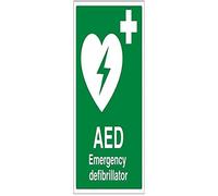 Vsafety, 31034BC-S, segnale generale di pronto soccorso con scritta in inglese: “AED Emergency Defibrillator”, autoadesivo, verticale, 300 mm x 400 mm, verde