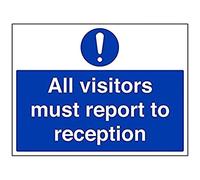 vsafety 43040bf-s obbligatoria generale Sign, Autoadesivo, "Tutti i visitatori devono relazione di accoglienza, paesaggio, 400 mm x 300 mm, colore: blu