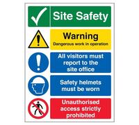 vsafety 6 C021bc-r "Multi Hazard segnale di avvertimento Building Site sicurezza/Caschi di sicurezza", in plastica rigida, ritratto, 300 mm x 400 mm, Nero/Blu/Verde/Rosso/Giallo