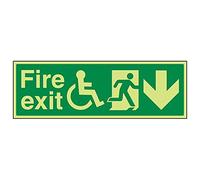 VSafety, cartello di uscita antincendio con freccia verso il basso, confezione da 3, 450mm x 150mm, 3