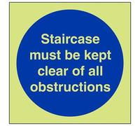 Vsafety - Cartello fosforescente che si illumina al buio con scritta "Staircase Must Be Kept Clear Of All Obstructions" - 100 mm x 100 mm - vinile autoadesivo