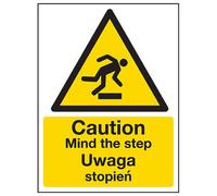 VSafety, cartello in lingua inglese/polacco - Caution Mind The Step - plastica rigida, 200 mm x 300 mm