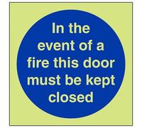 Vsafety - Cartello in vinile autoadesivo che si illumina al buio in caso di fuoco questa porta deve essere chiusa, 150 mm x 150 mm