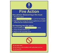 VSafety Glow In The Dark Any Person Discovering A Fire. Fire Action Cartello di avviso - 200 mm x 300 mm - vinile autoadesivo