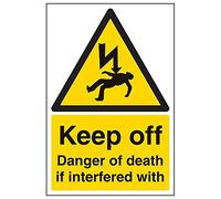 VSafety Signs 68028AU-S - Segnale elettrico di avvertimento, autoadesivo, Keep Off, Danger Of Death If Interfered with", 200 x 300 mm, verticale, confezione da 3