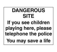 VSafety Signs 6C031BR-R - Segnale di avvertimento per cantiere in plastica rigida - pericoloso sito e chiamata polizia se i bambini giocano qui, 600 x 450 mm, confezione da 3