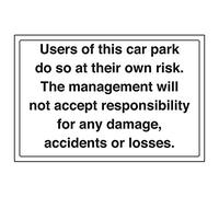 VSafety Signs 74028BA-S - Segnale di parcheggio generale - Autoadesivo - Uso del parcheggio a proprio rischio/nessuna responsabilità presa - 300 x 200 mm - orizzontale - confezione da 3