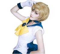 VSailor Moon Sailor Uranus Tenoh Haruka Parrucca Costume Cosplay Lino corto Bionda Resistente al calore Parrucche sintetiche + Rete per capelli