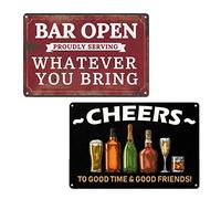 VSIIKO Bar Open and Cheers Divertente targa in metallo per casa bar segni per uomo grotta caffè piccola decorazione vintage da parete per uomo 20,3 x 30,5 cm (2 pezzi)