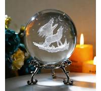 vskikris 6 cm 3D Laser Crystal Howling Wolf Figurine Crystal Ball Fermacarte con base di supporto, incisione 3D, regalo di lupo decorazione per la casa