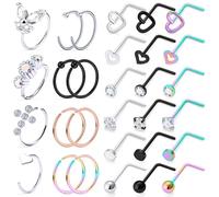 Vsnnsns 20G Anelli Naso Borchie Piercing Gioielli per le Donne 316L Acciaio Inox Chirurgico A Forma di L Cavatappi Dritto Farfalla Cuore Diamante CZ Cerchio Anelli Naso Borchie Narice Piercing