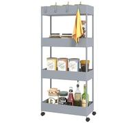 VSOGA Carrello da cucina a 4 ripiani, scaffale portaoggetti con ruote, carrello da cucina con freni, carrello da portata per cucina, camera da letto, soggiorno, plastica, grigio, 40 x 19 x 90 cm