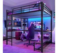 VSOGA Letto a soppalco, 140 x 200 cm, telaio in ferro, scrivania, ringhiera, scaletta, più ripiani, con presa USB+Type-C, con striscia LED, con bordo forato, senza materasso, nero