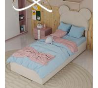 VSOGA Modern Minimalist Upholstered Bed with Soft Cartoon Design Headboard, 90 x 200 cm, Beige, Multifunctional Bedroom Furniture, High-Profile Storage Base with Gas Lift System, Matte Not Included.