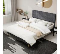VSOGA Modern Minimalist Upholstered Bed with Soft Headboard, 160 x 200 cm, Grey, Multifunctional Bedroom Furniture, Low Profile Base, Mattress Not Included.