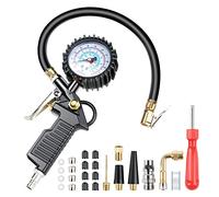 VSSHE Manometro per Pneumatici 220PSI Pistola Digitale per Pneumatici e Compressore con 8 Tappi Valvola 2 Ugelli 1 Valvola Francese 1 Stelo di Prolunga in Metallo 90 Gradi, Moto - 220 PSI / 15 BAR