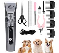 VSSHE Tosatrice per Animali Domestici, Ricaricabile Tosatore Elettrico,Tosatrice per Cani Professionale con Kit Toelettatura Cani, Display LCD Intelligente, 5 Velocità, 4 Distanze di Taglio (Argento)