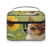 VstaDank Beauty case da viaggio portatile con manico e girasoli con chihuahua, borsa da viaggio leggera e di grande capacità, impermeabile, per la casa e i viaggi