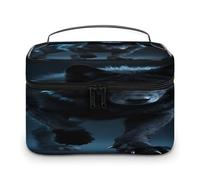 VstaDank Borsa da toilette con lupo nero ciano e nero per donne e uomini, borsa da barba con cerniera, facile da pulire, portatile, per bagno, doccia, grande, impermeabile, in pelle, da viaggio