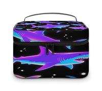 VstaDank Borsa per il trucco con squali colorati per le donne Borsa da toilette portatile da viaggio con manico Borse cosmetiche leggere di grande capacità Borse per cosmetici impermeabili per il