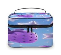 VstaDank Borsa per il trucco con stelle e fragole viola per le donne Borsa da toeletta portatile da viaggio con manico Borse cosmetiche leggere di grande capacità Borse impermeabili per trucco per