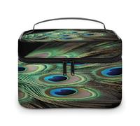 VstaDank Borsa per il trucco in piuma di pavone verde per le donne Borsa da toilette portatile da viaggio con manico Borse cosmetiche leggere di grande capacità Borse per cosmetici impermeabili per il