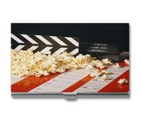 VstaDank Cinema Clapboard e Popcorn Porta biglietti da visita in metallo alla moda Custodia per biglietti da visita professionale Protezione per carte di credito Custodia flip in lega di alluminio
