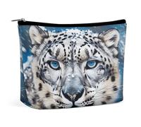VstaDank Piccola borsa per il trucco con leopardo delle nevi dagli occhi azzurri 2 pochette per trucco in pelle PU borsa portatile da viaggio con cerniera impermeabile astuccio cosmetico rossetto