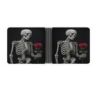 VstaDank Portafoglio bifold con scheletro che tiene una rosa rossa per donne uomini sottile portafoglio in pelle PU morbida sottile minimalista tasca frontale porta carte di credito
