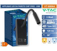Applique LED V-TAC 3W CREE 3000K USB Type-C Ricarica Lettura Nero