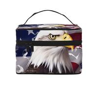 VTCTOASY Borsa per il trucco da donna con stampa aquila calva con bandiera americana americana borsa da toilette portatile di grande capacità borsa cosmetica da viaggio per viaggi all'aperto, nera,