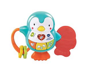 VTech - Sonaglio P'tit Pinguino, Sonaglio interattivo e musicale, giocattolo di risveglio, anello di dentizione, regalo per bambini a partire dai 6 mesi - Contenuto in italiano