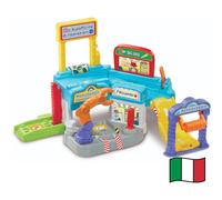 VTech Vroom Vroom Go - Autofficina di Riparazioni, Pista Macchinine con Garage Multifunzione, Braccio Robotico, Incluso 1 Veicolo, 3 Zone Magiche, Lingua Italiana, Batterie Incluse, 1-5 Anni