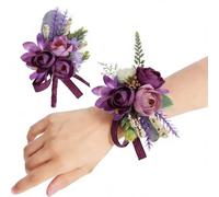 VTOS Set di bouquet da polso viola e fiore all'occhiello con rosa artificiale viola scuro, braccialetto da polso e fiore all'occhiello da uomo, per ballo di fine anno, sposa, sposo, ritorno a casa