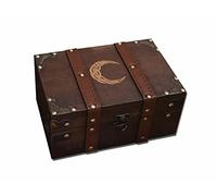 vuagmiv Cassapanca in legno e pelle, scatola di legno incisa a mezzaluna con fodera in velluto, luna celtica, scatola per attrezzi e forniture Wiccan e scatola dei ricordi