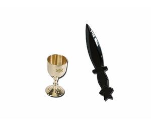 vuagmiv Obsidian Athame e ottone Calice Wicca Set, gemma nera Pentagramma Wicca Accessori e Strumenti per Altare (Athame e Calice)