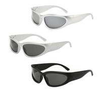 Vueinrg 3 Paia Y2K Occhiali Da Sole Vintage Occhiali Futuristici Avvolgenti Occhiali Sole Veloci per Uomo Donna Protezione UV400 Occhiali Rave per Sport Guida Pesca Ciclismo Argento + Nero + Bianco