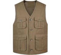 VUIKLCty Gilet Multitasche Estivo da Uomo, Giacca Senza Maniche con Bottoni in Cotone Multitasche, Gilet Sottile e Confortevole Color Cachi Lavorato(Khaki,XL)