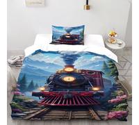 VulcanTrade Treno dei fiori Stampa 3D Means of Transportation Set Copertura Piumino 2 Pezzi Microfibra Ipoallergenica Cuscini Cerniera Chiusa Single(135x200cm) Per Adulti, Donne E Bambini